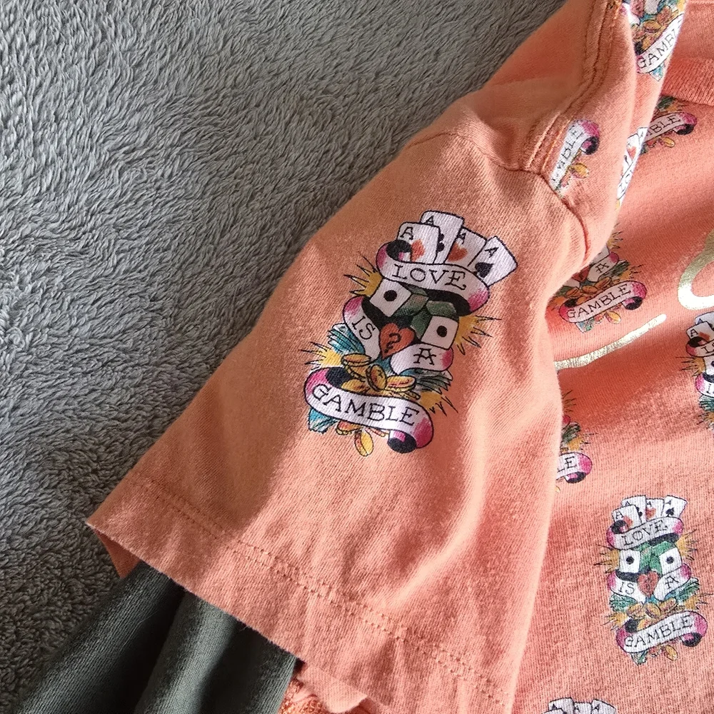 Ed Hardy Coral Pink and Olive Green Long Sleeve Layered Tee - Picture 8 of 14